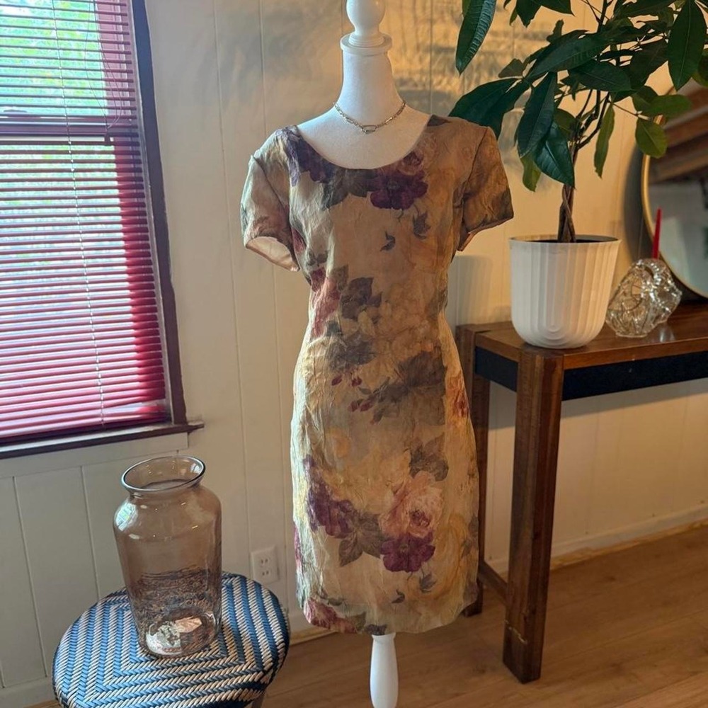 Vintage 90's Crinkle Floral Midi Dress Watercolor Ethereal Fairy Size 16